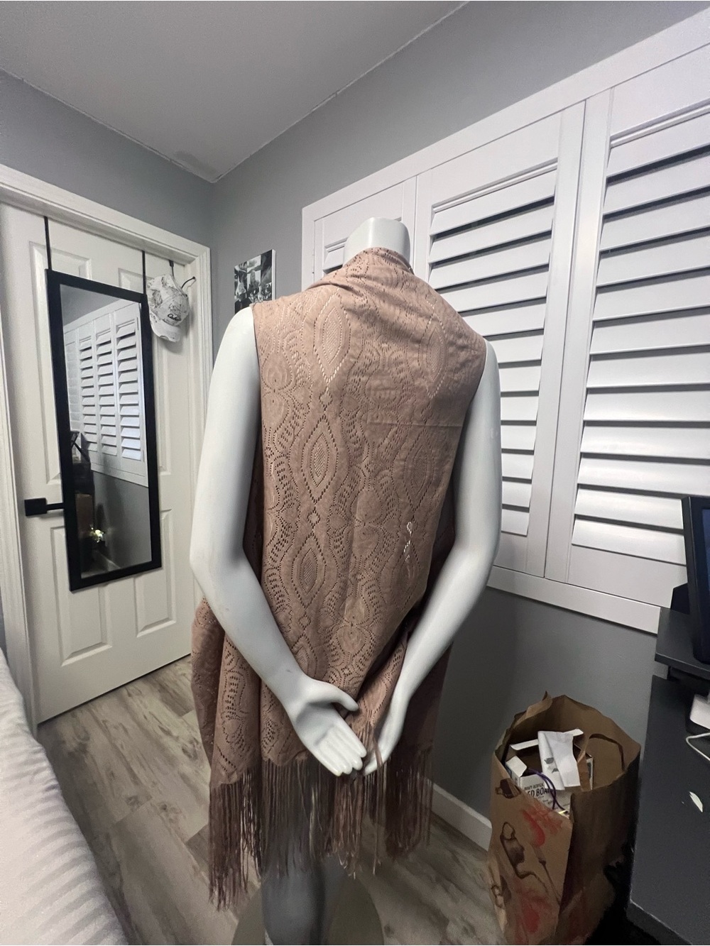 Fringed Knit Shawl Vest in Blush Taupe